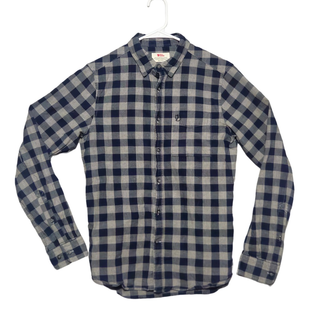 Fjallraven Ovik Check Shirt Mens Medium Blue Grey Buffalo Plaid Flannel Cotton